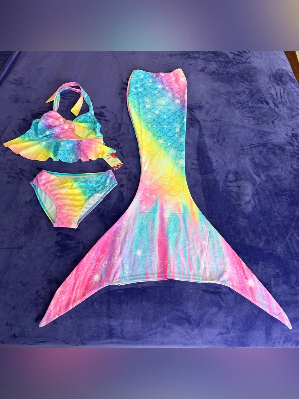 Girls size 5-6 Rainbow Mermaid Tail Swimsuit Set - Multicolor